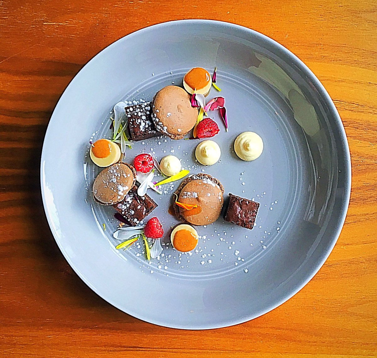 RogelioChef's tweet photo. Dulce de leche & dark chocolate brownie, chocolate macaroons, passion fruit crema. #desert #dessertfeature @AlloyRestaurant https://t.co/oB93ar0GB9
