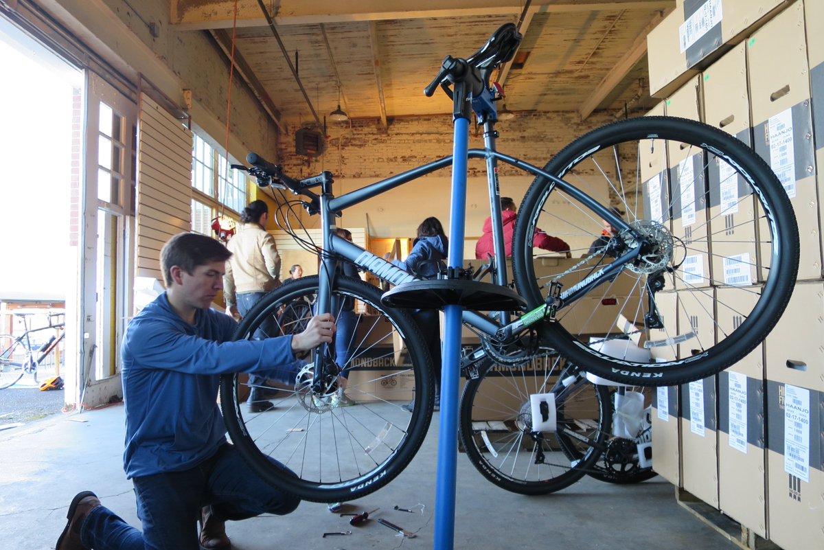 CascadeBicycle's tweet photo. Friday #FTW: Building   #MajorTaylorProject bikes w/ a TON of help from friends @amazon @performancebike @VelofixSeattle @Diamondbackbike https://t.co/A7Br8LDjzW