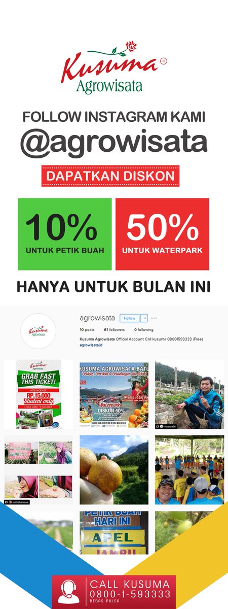 KusumaWaterpark's tweet photo. Selamat Pagi.. 
untuk kalian pengguna instagram!
dapatkan diskon 10% untuk petik buah dan 50% untuk waterpark.
check picture below! https://t.co/86c5OehfSF