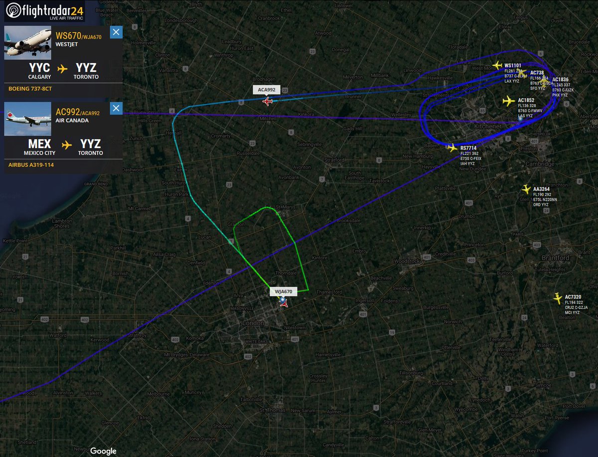 TomPodolec's tweet photo. Two more diversions to @London_Airport. This time destined to #Toronto. @AirCanada #AC992 Mexico City & @Westjet #WS670 Calgary. #OnStorm https://t.co/mlEpEOd4EH