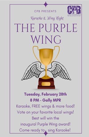 Like chicken wings? See you next Tuesday for 1st ever PURPLE WING event! Taste samples &amp; vote for your fav! Karaoke too! 8pm Gally MPR