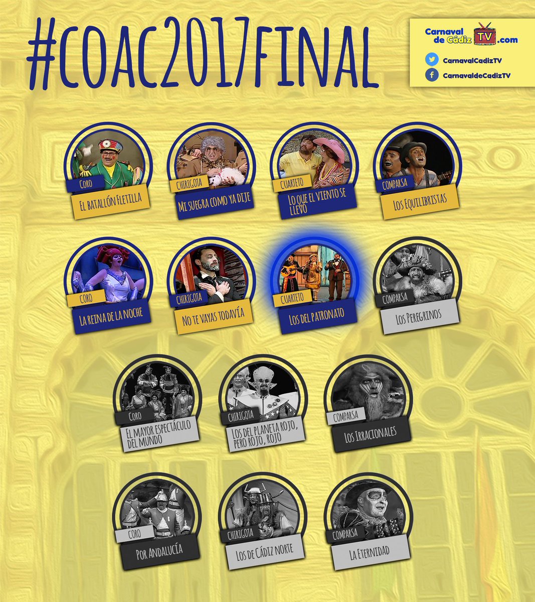 CarnavalCadizTV's tweet photo. Turno del cuarteto Los del Patronato #COAC2017Final

GRAN FINAL: https://t.co/PNdveu7QxJ https://t.co/P02aIKmIwb
