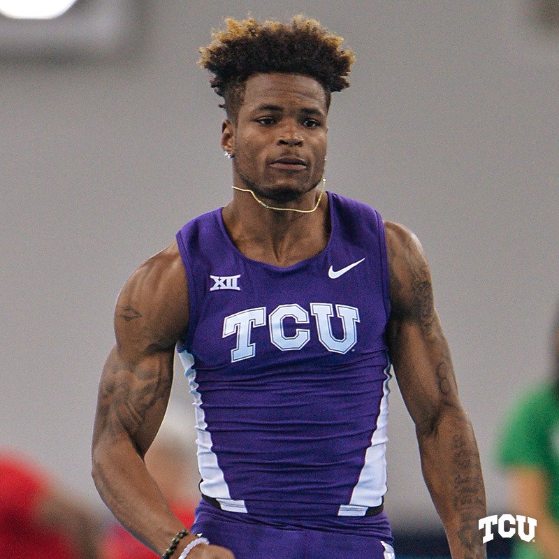 TCUTrackField's tweet photo. Darrion Flowers qualified for the 200 meter finals with a season-best time of 21.43! 💨 #GoFrogs https://t.co/HvXS8Sy3DJ
