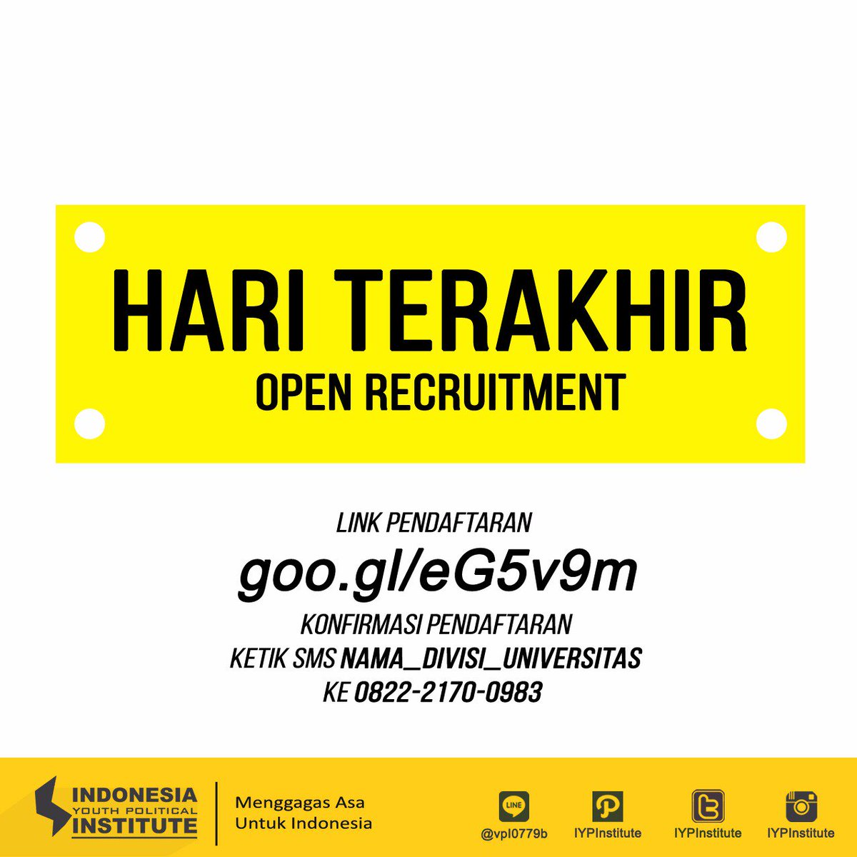 Gak kerasa sdh Hari terakhir  pendaftaran IYP jgn lupa Konfirm pendaftaran dgn format: NAMA_DIVISI_UNIVERSITAS Kirim ke 082221700983(Dewi)