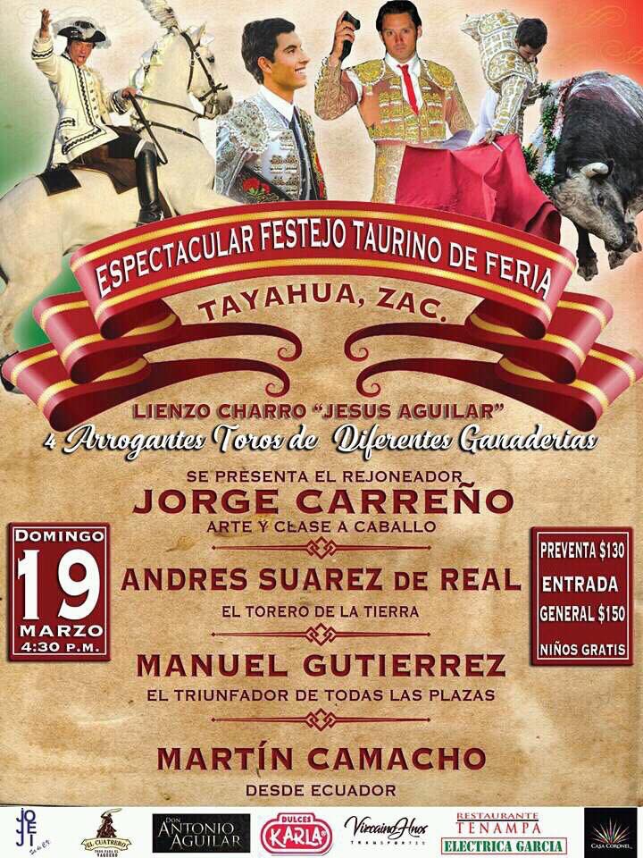 19 de marzo, Tayahua, Zacatecas, el rejoneador Jorge Carreño, <a href="/mnuel_gutierrez/">Manuel Gutierrez.</a> y Martín Camacho <a href="/ToreroMC/">Martin Camacho</a>.