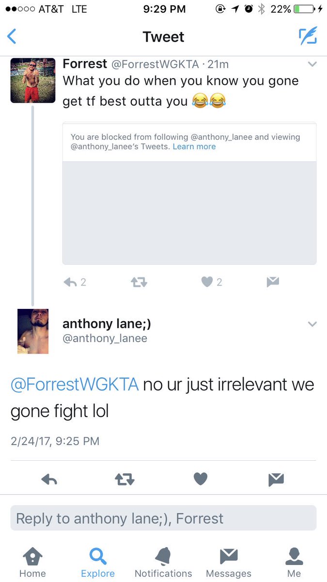 ForrestWGKTA's tweet photo. Why you gone tweet at me when you know I can't see it, because your pussy ass blocked me. https://t.co/GoLAyBJXn3
