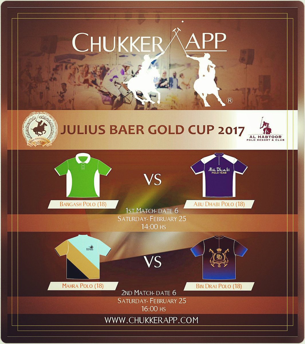 ChukkerApp's tweet photo. #date6 2017 #juliusbaergoldcup @DubaiGoldCup 
@bangashpolo vs @abudhabipolo
 @MahraPolo vs @BDPolo 
Follow both with @ChukkerApp https://t.co/nhpCwp9t67