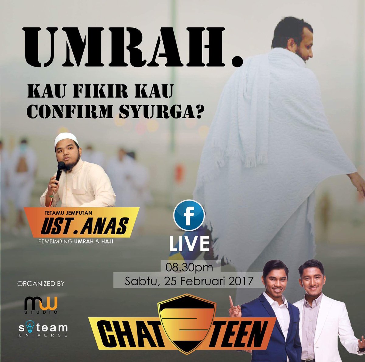 brigadetv's tweet photo. Chat2Teen minggu ni akan bersama Ustaz Anas Hj Mokhtar Al-Hafiz dengan topik UMRAH : KAU FIKIR KAU CONFIRM SYURGA??? 

#chat2teen https://t.co/MZ0tkNRxXV