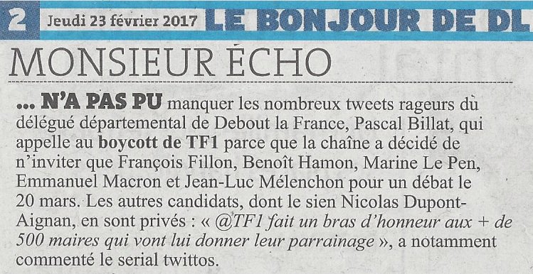 PascalBillat's tweet photo. [Tweet #rageur] 😤 Au delà de mon soutien à @dupontaignan, la décision de @TF1 pose un vrai problème démocratique. @DordogneLibre #TF1boycott https://t.co/c120ynhjDH