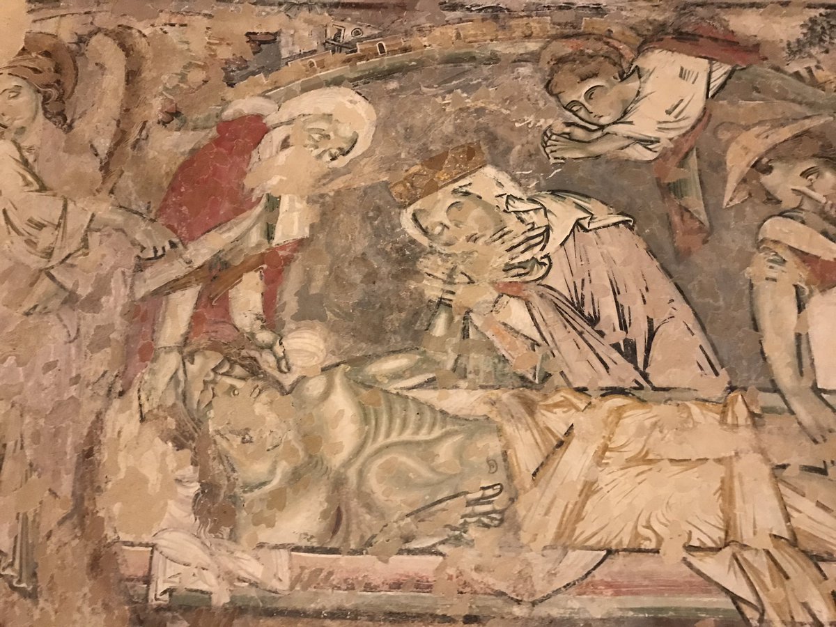 Saturday early Eucharist in Holy Sepulchre Chapel <a href="/WinCathedral/">Winchester Cathedral</a> 12c wall paintings 13c Christ in Majesty. Tiny space, gateway to eternity.