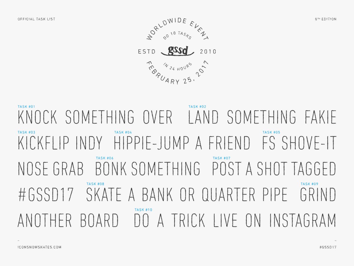 iconsnowskates's tweet photo. The Go Snowskating Day task list is here. Who's got it in the bag? #gssd17 #skatethesnow https://t.co/vpghW80Rcq