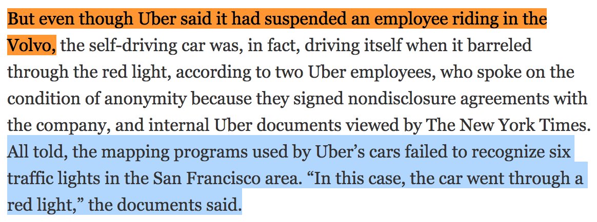 Excerpt: But even though Uber said it had suspended an employee riding in the Volvo, the self-driving car was, in fact, driving itself when it barreled through the red light, according to two Uber employees, who spoke on the condition of anonymity because they signed nondisclosure agreements with the company, and internal Uber documents viewed by The New York Times.