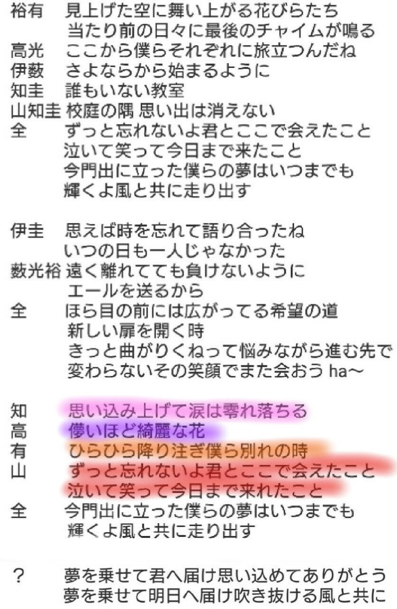 Natty Ar Twitter 最後高度な歌割りすぎて分かりません 歌いかたも皆自然と違うしハモっとる Ourdays Overthetop パート 歌詞 歌割り Heysayjump ゆるゆる歌割り解析班 17 2 22