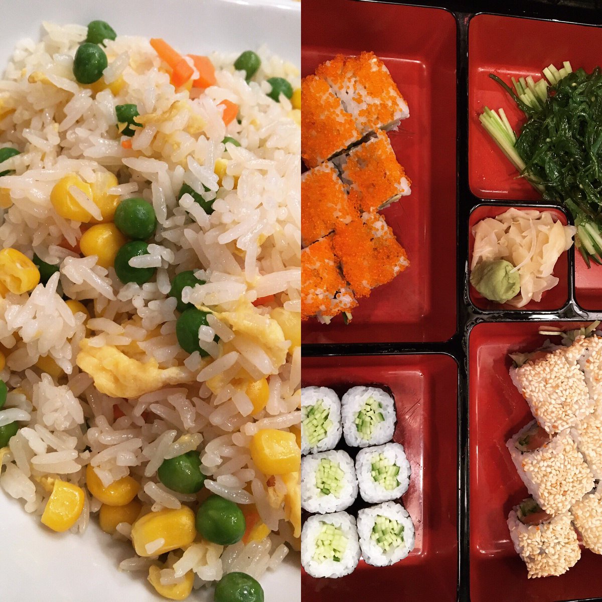 CmyPlate's tweet photo. Sushi😍🍱🍚 #sushi #bentobox #bento #friedrice #friedricewithegg #rice #corn #peas #kapamaki #kapamakirolls #calforniaroll #sesameroll https://t.co/fK3833zzg7
