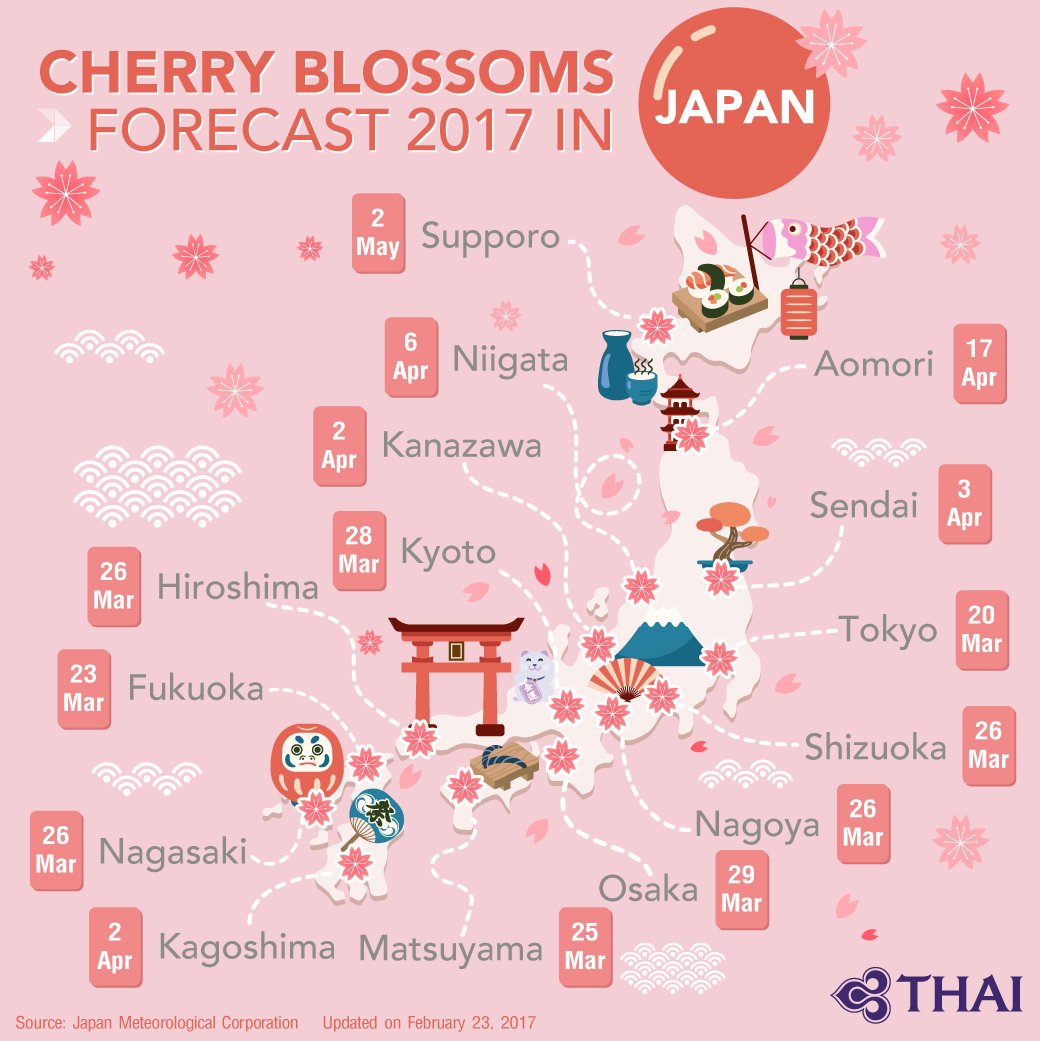ThaiAirways's tweet photo. Let's see how cherry blossom forecast in Japan goes this year!,
Source: Japan Meteorological Corporation, last updated on February 23, 2017 https://t.co/3gMMYsLnil