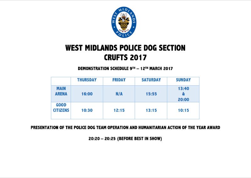 Please find attached demonstration times for crufts