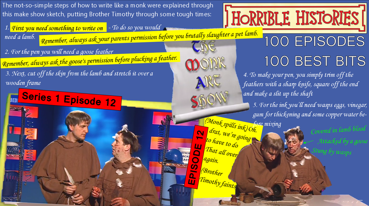 HHTV_'s tweet photo. EPISODE 12: Write Like A Monk #HH100 #HorribleHistories #CBBC #HorribleHistories100 #SmashingSaxons #Monks #HistoricalArt #MakeShow https://t.co/yMFpM3vchX