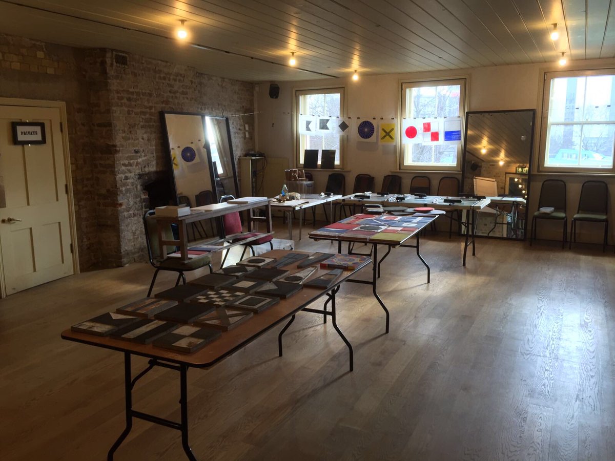 .<a href="/AlexBookerPrint/">Alex Booker</a> is all set up for his signal flag block printing workshop at  <a href="/Wiltonmusichall/">Wilton's Music Hall</a>. #Sailortown Starts today!