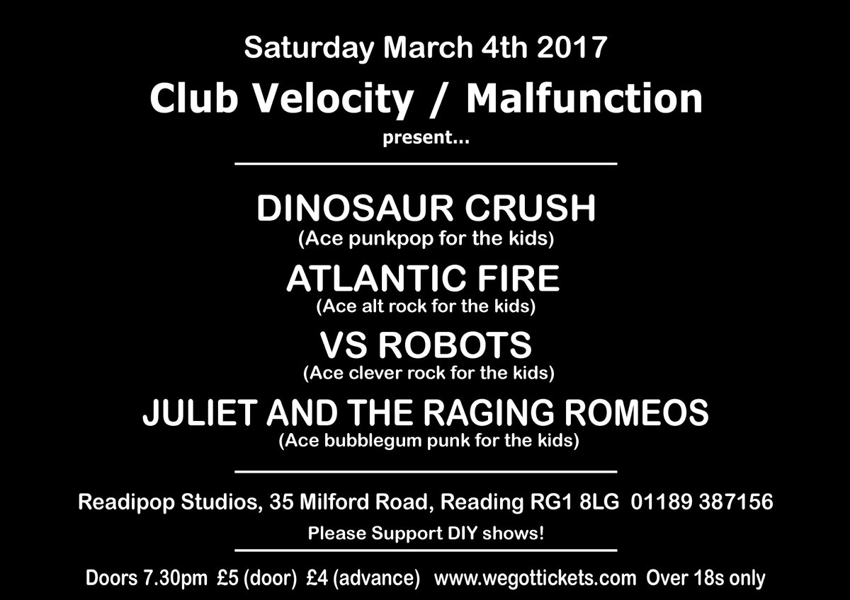 Sat <a href="/DinosaurCrush/">Dinosaur Crush</a> <a href="/atlanticfireuk/">Atlantic Fire</a> <a href="/VS_ROBOTS/">VsRobots</a> <a href="/theragingromeos/">Juliet&RagingRomeos</a> <a href="/ReadipopStudios/">Readipop Studios</a> <a href="/getreading/">Kay Upland</a> <a href="/getwokingham/">Get Wokingham</a> <a href="/WeGotTickets/">WeGotTickets</a> <a href="/ReadingWOT/">Reading Whats On</a>