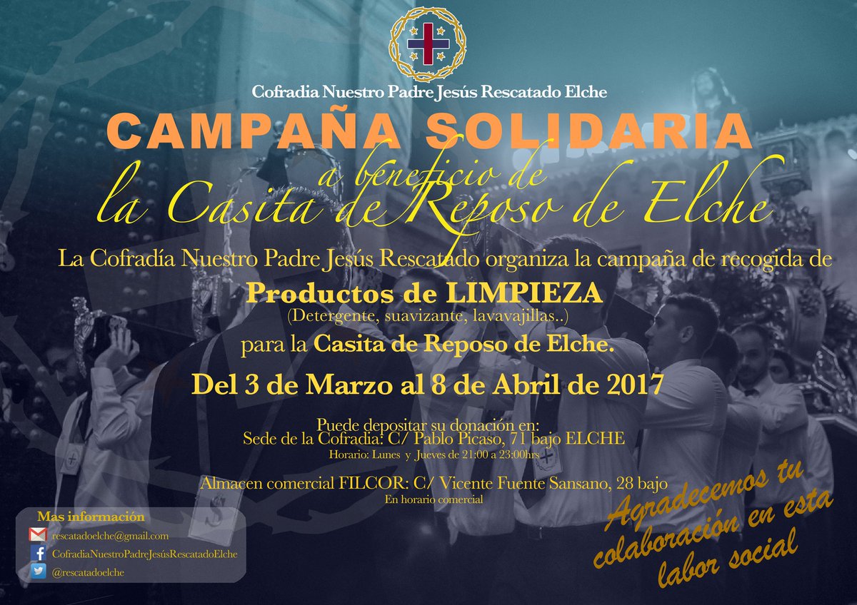 rescatadoelche's tweet photo. Próximo viernes 3 de marzo a las 20:00 h Solemne Eucaristía y Besapies a NPJ Rescatado. Más de 35 años celebrándolo en #Elche #SSanta17 https://t.co/qbFCWHoqJ0