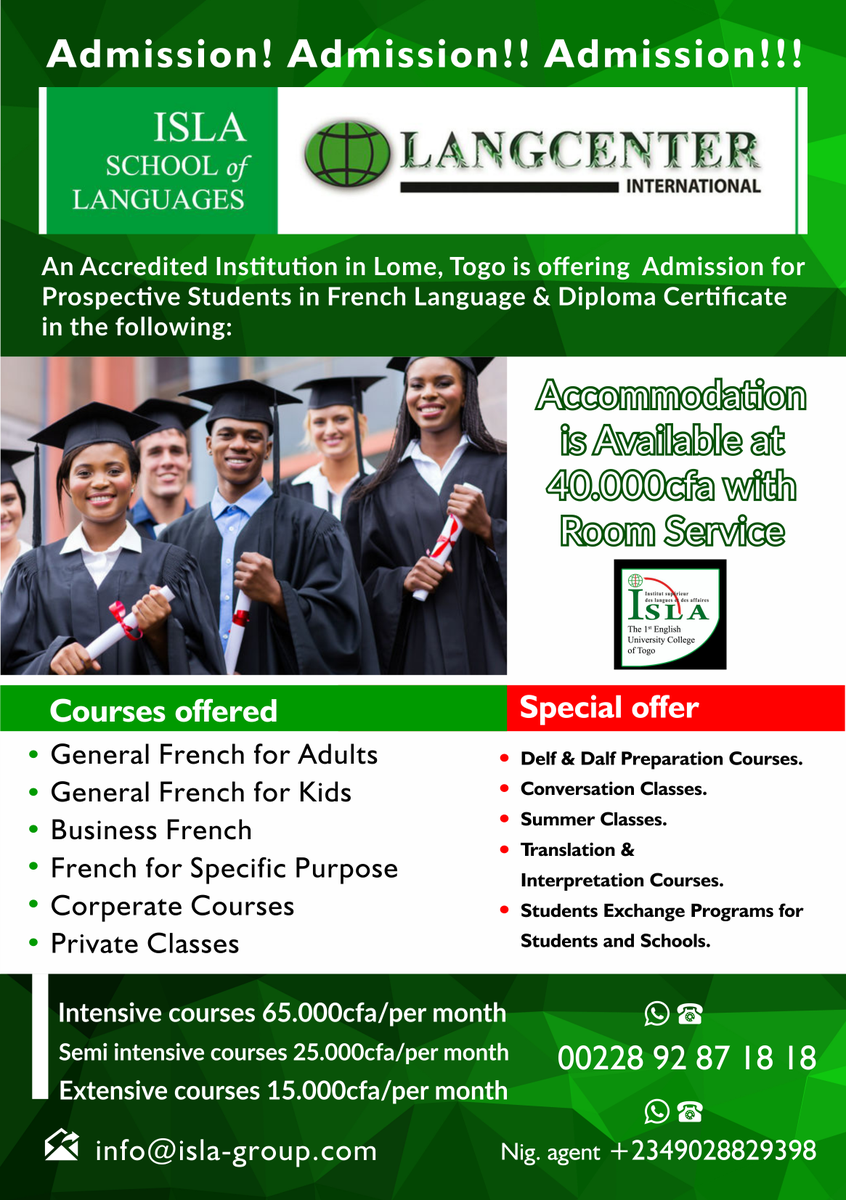 IslaLangcenter's tweet photo. The french courses start on 3rd April.
Register now at Langcenter Togo.
Whatsapp / Call : 00228 92 87 18 18 
Email: info@isla-group.com https://t.co/fXiEqenlfw