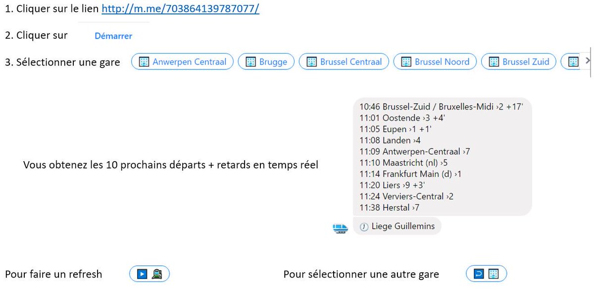 BeNavetteurs's tweet photo. Nouvelle application via #Messenger pour voir 10 prochains trains au départ + infos tps réel https://t.co/cZNRJRJArq #SNCB #NextTrain https://t.co/fVtrIuZ03k
