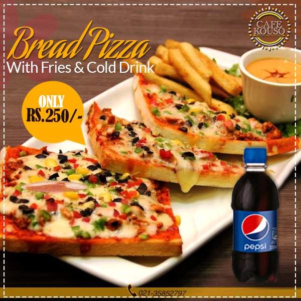 CafeKouso's tweet photo. Heavy it is..
But not on your pockets! Now enjoy our scruptious and rich Bread Pizza along with fries and drink for just PKR 250/-. https://t.co/Ui8GnQjIcn