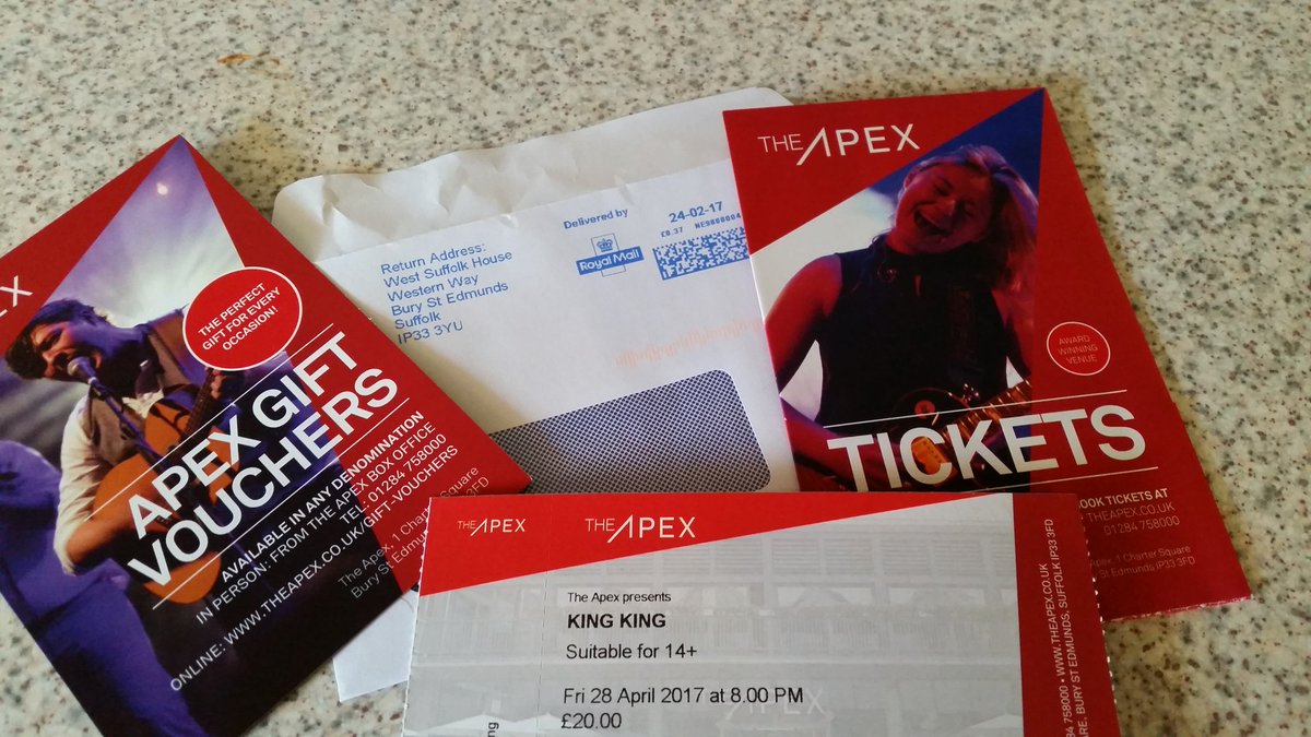 Allimpalli's tweet photo. That was a super efficient delivery @TheApexVenue @KingKingUK ticket arrived today. #notsnailmail #impressed #gig @AlanNimmo @BobFridzema https://t.co/U2Je1UO62x