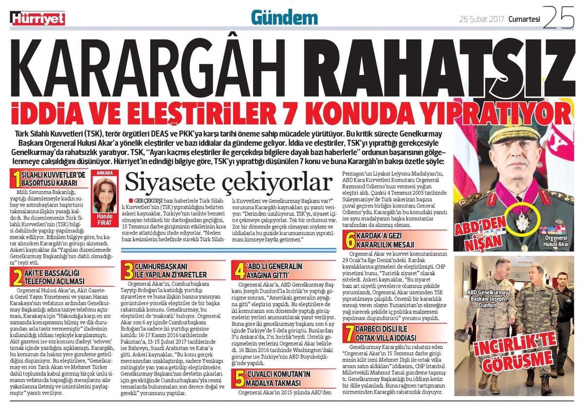Aydın Doğan ve gazetesinin bu manşeti, askeri siyasete çekme çabasının bir ürünüdür! Vesayet unsurlarının rahatsızlığı devam ediyor!