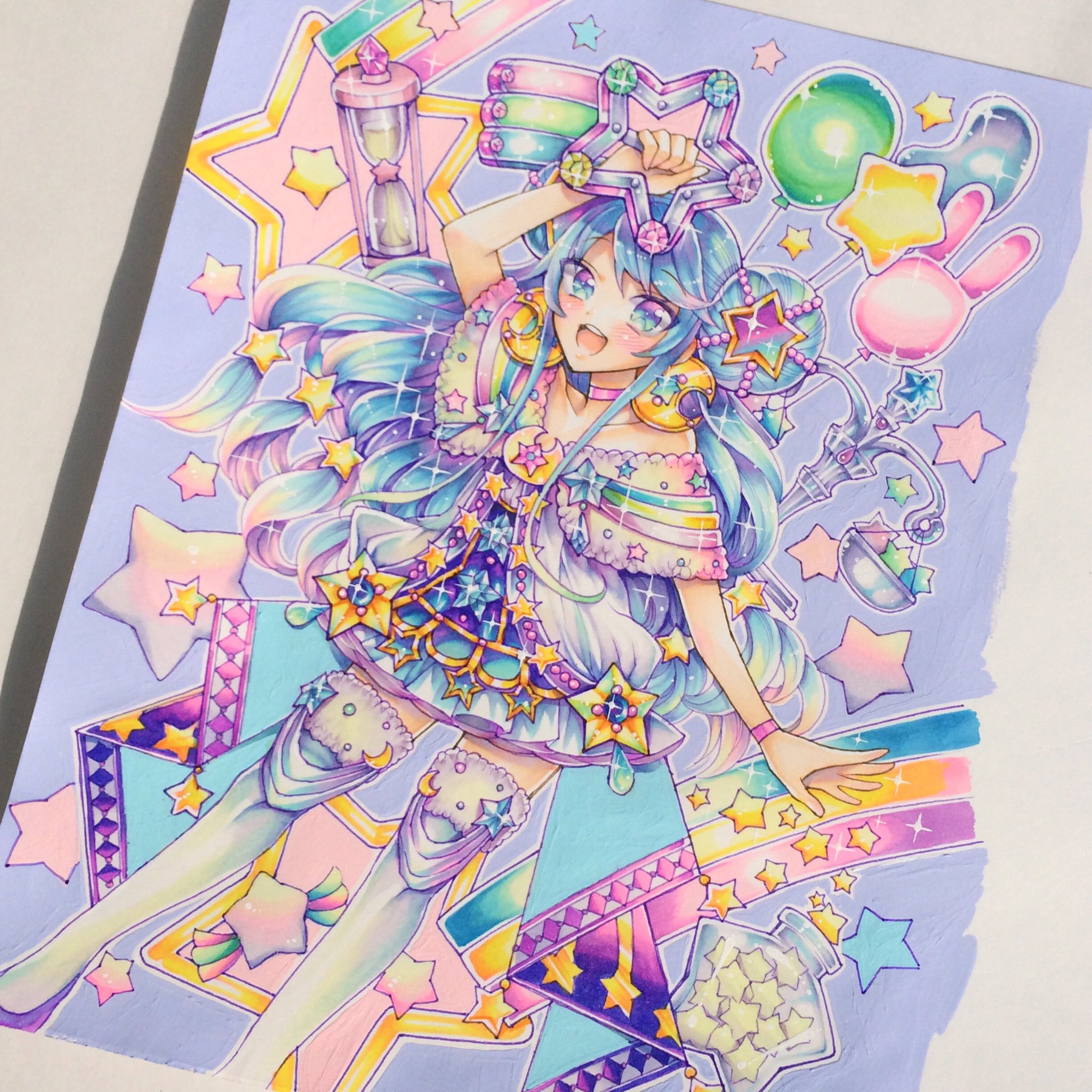 猫扮装 11 12 4二人展 星の魔法少女 完成 やっと理想の魔法少女が描けた 人物と背景はコピック バックはアクリルガッシュで塗ってます コピック アナログ絵 T Co Dpmpaoyusf Twitter
