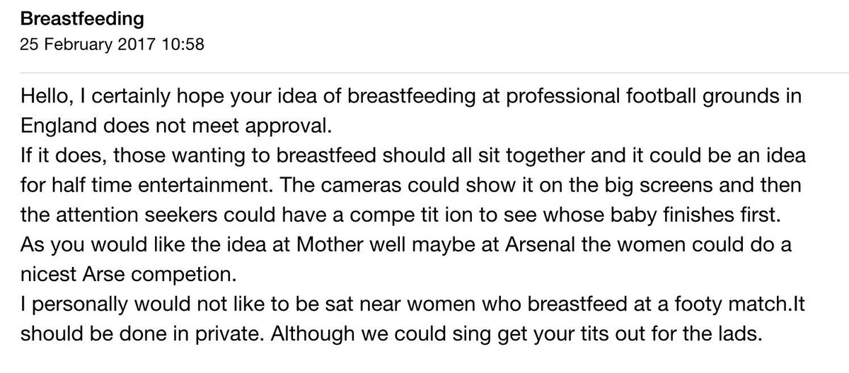 alisonthewliss's tweet photo. For anyone asking why I'm calling for football grounds to support #breastfeeding, this email I just received shows how far we have to go... https://t.co/JOo2zaBag7
