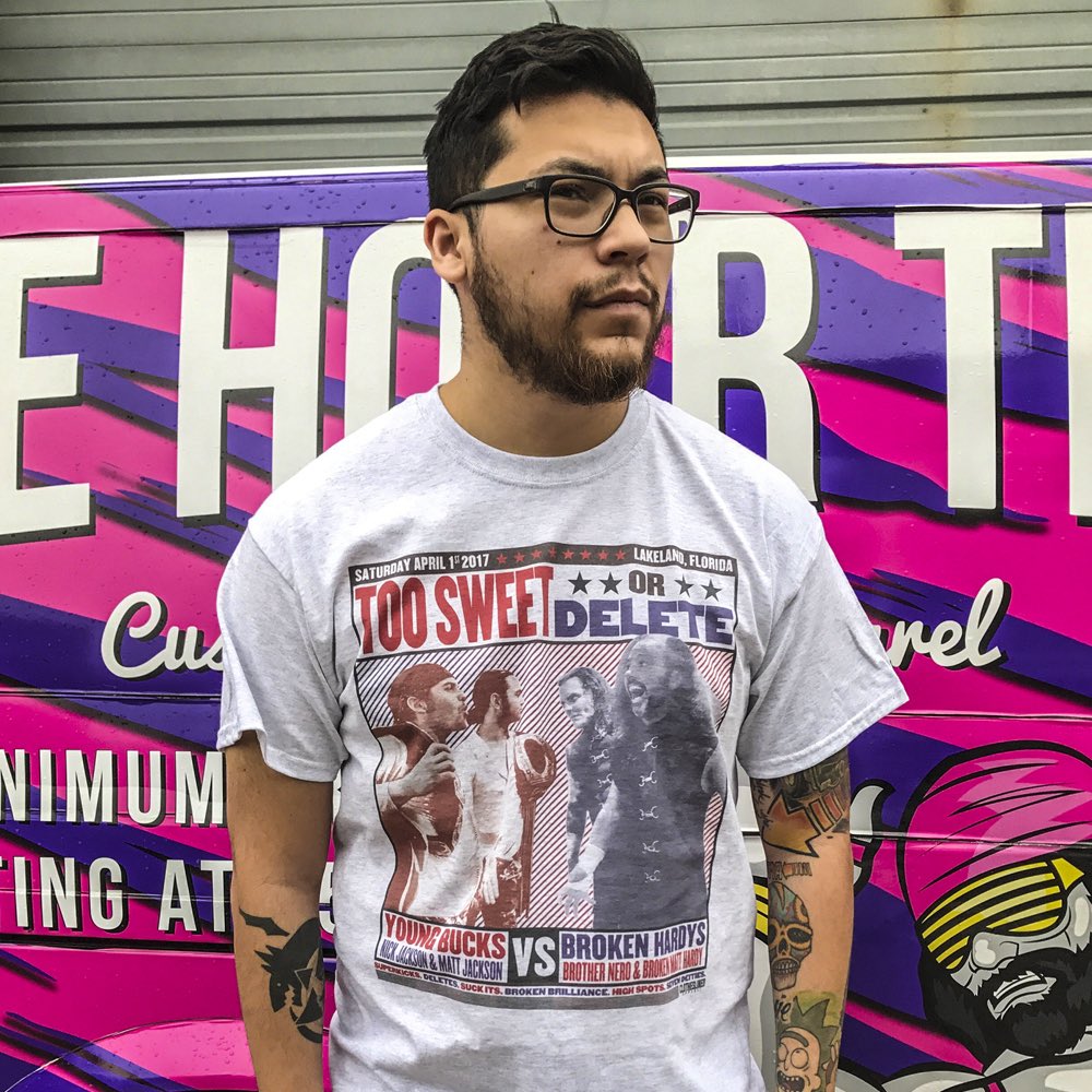 Clotheslined's tweet image. NOW AVAILABLE: Young Bucks vs. Broken Hardys!  Too Sweet or Delete!

LINKS: prowrestlingtees.com/clotheslined - clotheslined.com