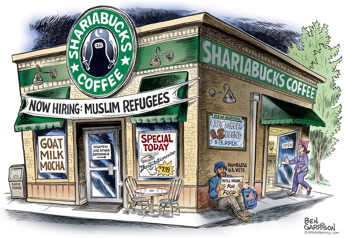 GrrrGraphics's tweet image. #starbucks Brand Crashes After Announcement to Hire 10,000 Muslim #refugees #BoycottStarbucks #BenGarrison #cartoon grrrgraphics.com