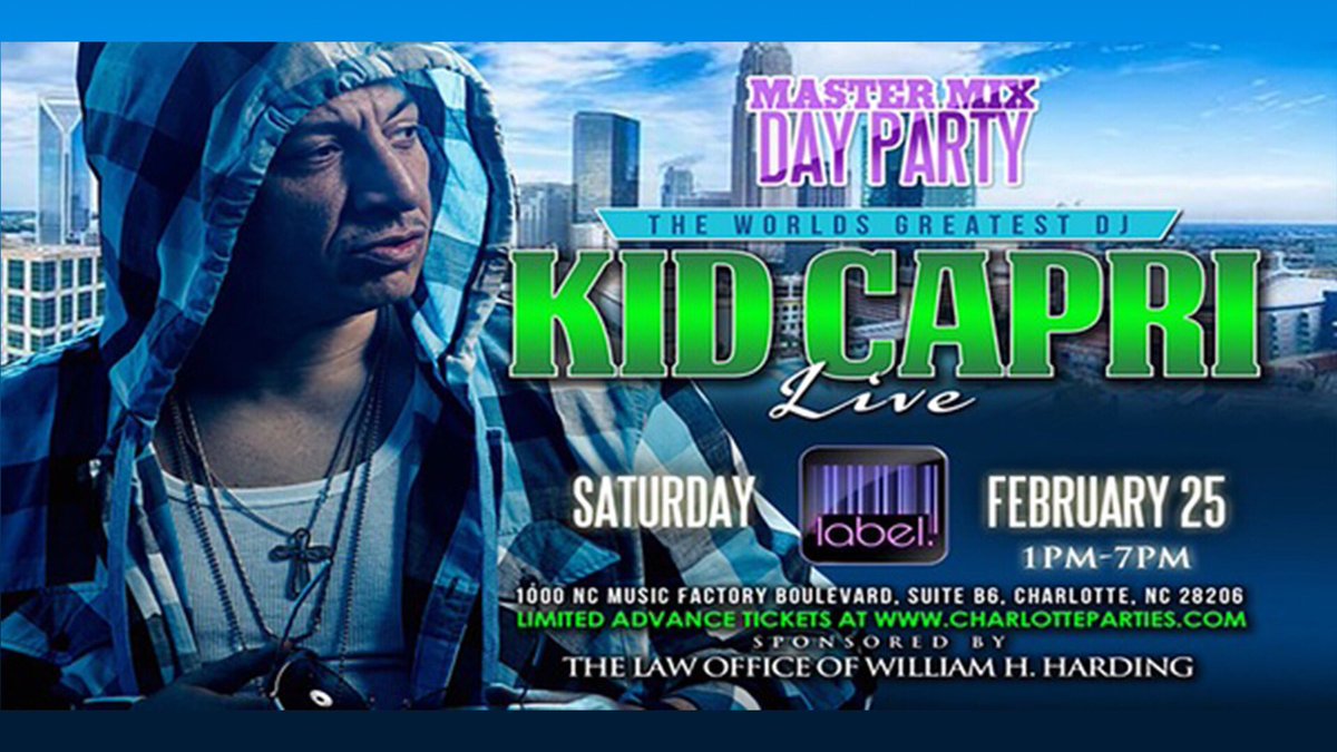LABELCharlotte's tweet photo. DOORS @ 1pm!
MASTER MIX DAY PARTY FT. @kidcapri101 

#CIAA2017 #KidCapri #LabelCharlotte https://t.co/emrq7K7yII