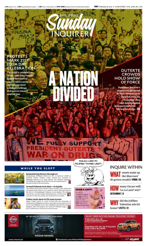 👀 A NATION DIVIDED: Today's #MyINQUIRER front page. 🗞📲👉🏽 inq.ph/inquirerepaper #Edsa31
