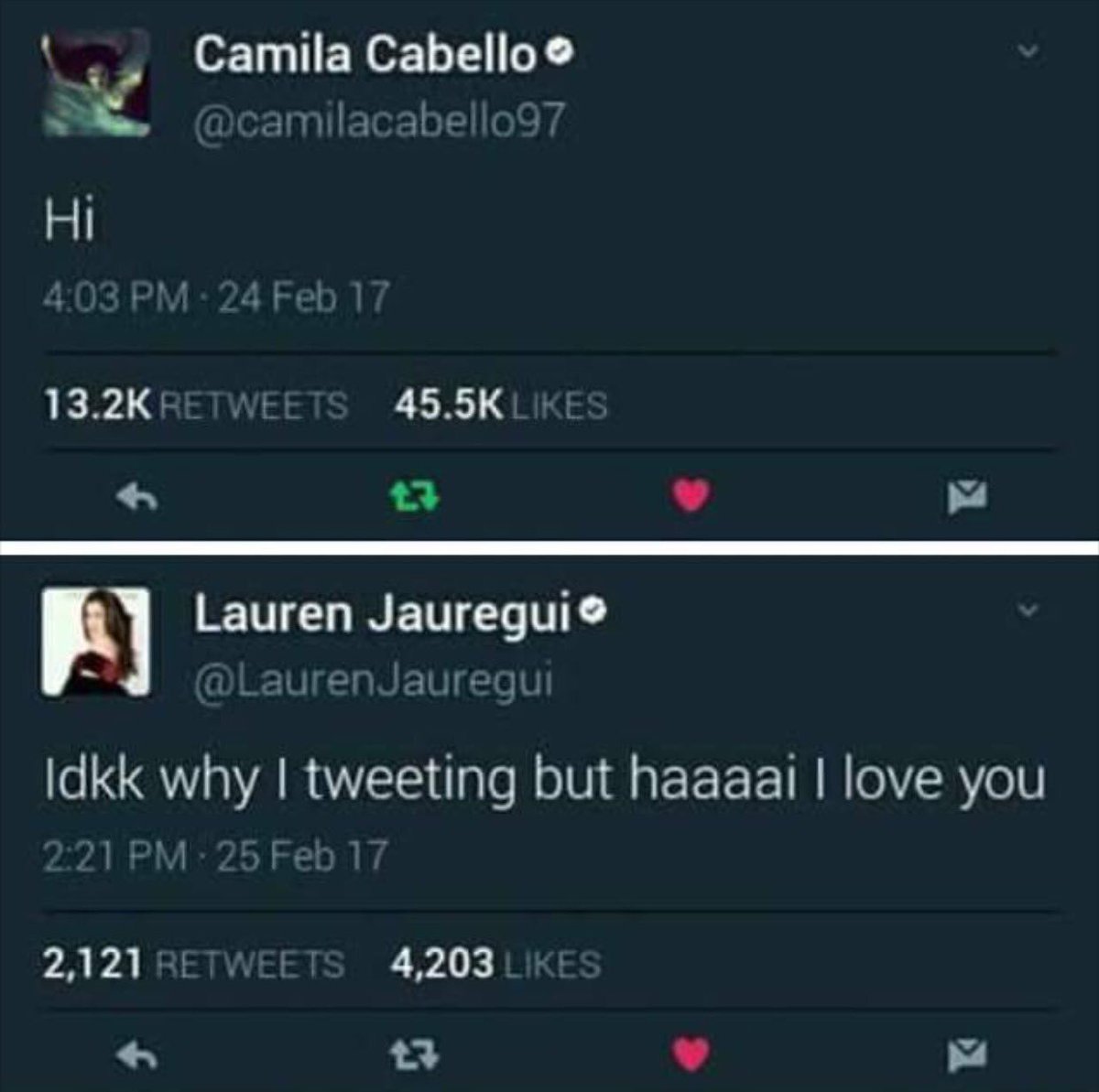 CamrenAnalisis's tweet photo. Camila: Hola
Lauren: No sé porque estoy twitteando pero hola, te amo.

La diferencia de las publicaciones de cada una son solo de horas. https://t.co/TrS4XmPDzk