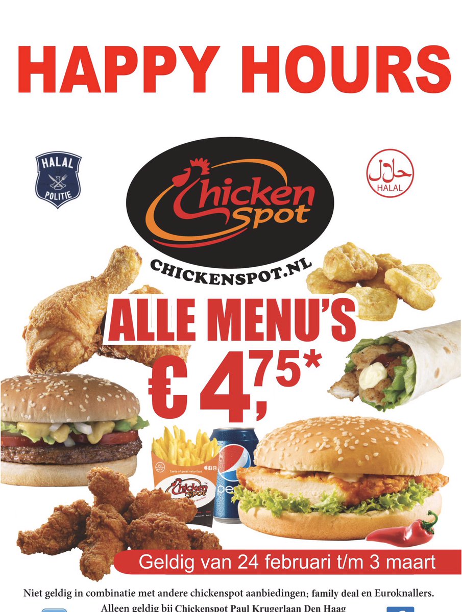 ChickenSpot_nl's tweet photo. Beste Mensen,
Actie bij #chickenspot Paul Krugerlaan Alle menu's voor maar liefst €4,75 Kom snel langs en profiteer van deze aanbieding. https://t.co/nxt8oLiaUa