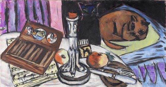 LACMA's tweet photo. Start your #caturday with Max Beckmann's "Still life with silver candlestick - Still life with cats" (on view) https://t.co/kJpLwhCqh1 https://t.co/ds5xr99nBj
