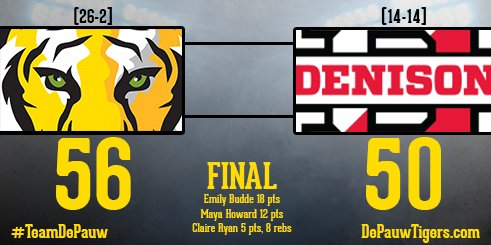 DePauwAthletics's tweet photo. TIGERS WIN! @DePauw_WBB defeats Denison 56-50 in the #ncacwbkb17 championship. Their 5th NCAC Tournament Championship in 6 years #TeamDePauw https://t.co/1xUhDeGoxs