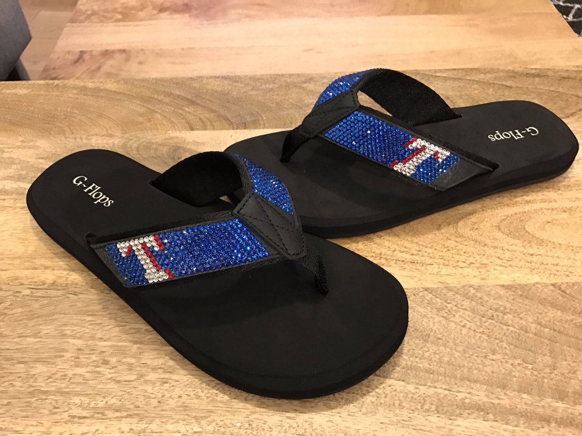 Glass_House_CC's tweet photo. My first project in NYC - #texasrangers inspired flip flops using 828 #swarovskicrystals #manbling #swarovski https://t.co/xtW0d1VggD