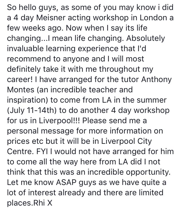 RhiannonCMurphy's tweet photo. rhiannonmurphy1991@googlemail.com #Meisner #MeisnerTechnique #Meisnerworkshop  #liverpoolcreatives @anthonymontes56 @ElenaMazzon2 https://t.co/lToQiwrG0G