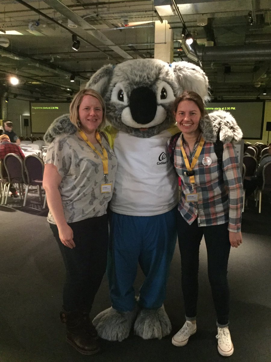CochlearUK's tweet photo. Charlotte & Clare get free hugs from Kaci the Koala #Cochlear2017 https://t.co/v2AL4BDgMJ