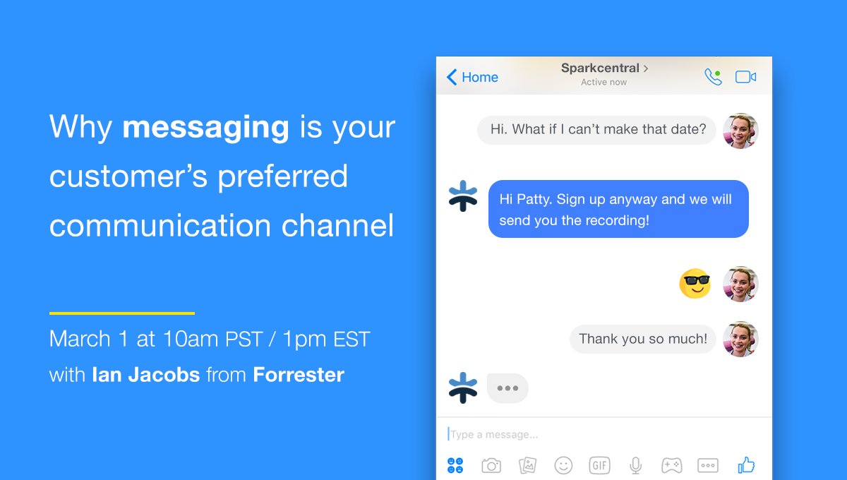 convince's tweet photo. If you're not using #messaging to power up #cx, let @Sparkcentral help you learn why you should! Free webinar 3/1: https://t.co/eYAHdoxchz https://t.co/NlQHNrTlbT