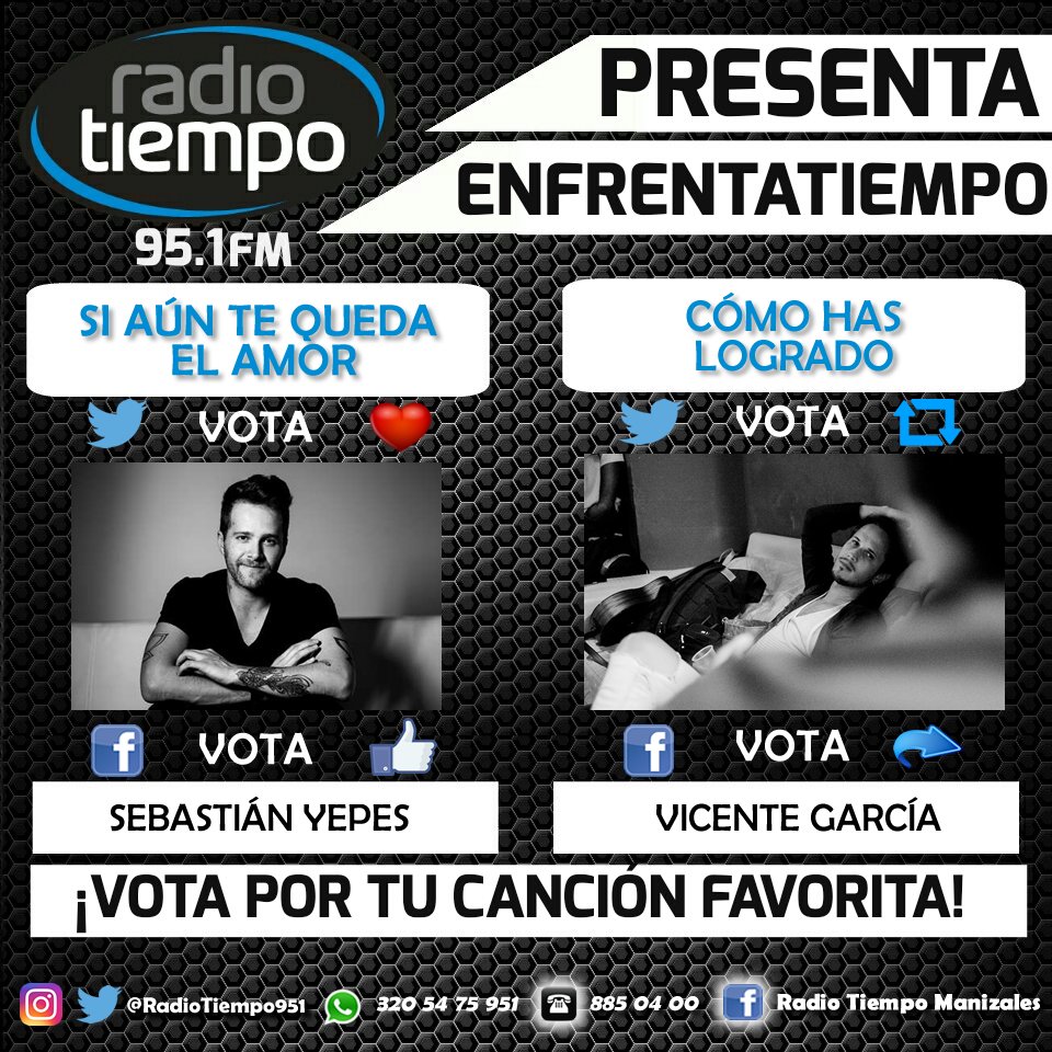 RadioTiempo951's tweet photo. En los #EnfrentatiemposRadioTiempo951 vota así:
Un #MeGusta para @sebastianyepes.
Un #Retuit para @vicentegarciag. https://t.co/PlCvqgGSl0