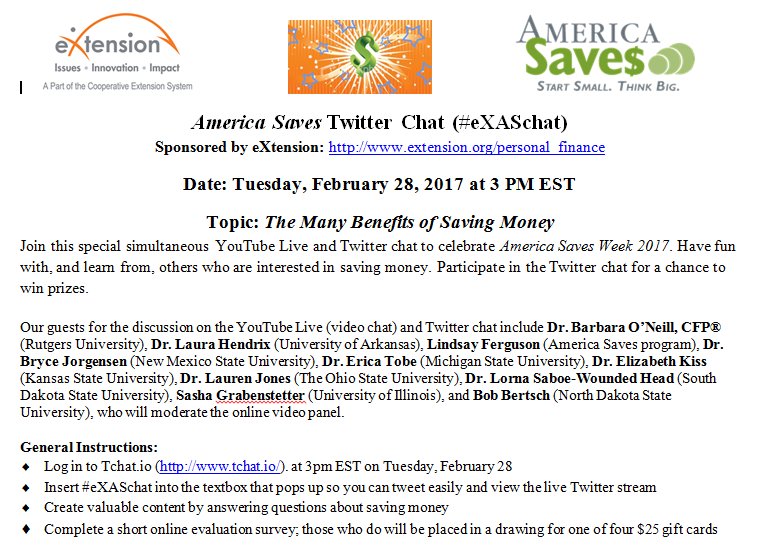 moneytalk1's tweet photo. Coming Tues 2/28 for @AmericaSaves Week. Hope U can join us 4 #eXtension #eXchat 3 pm ET. There will be prizes. #MFLNPF #AFCPE @BeGrowCreate https://t.co/9cE8IsHQMb