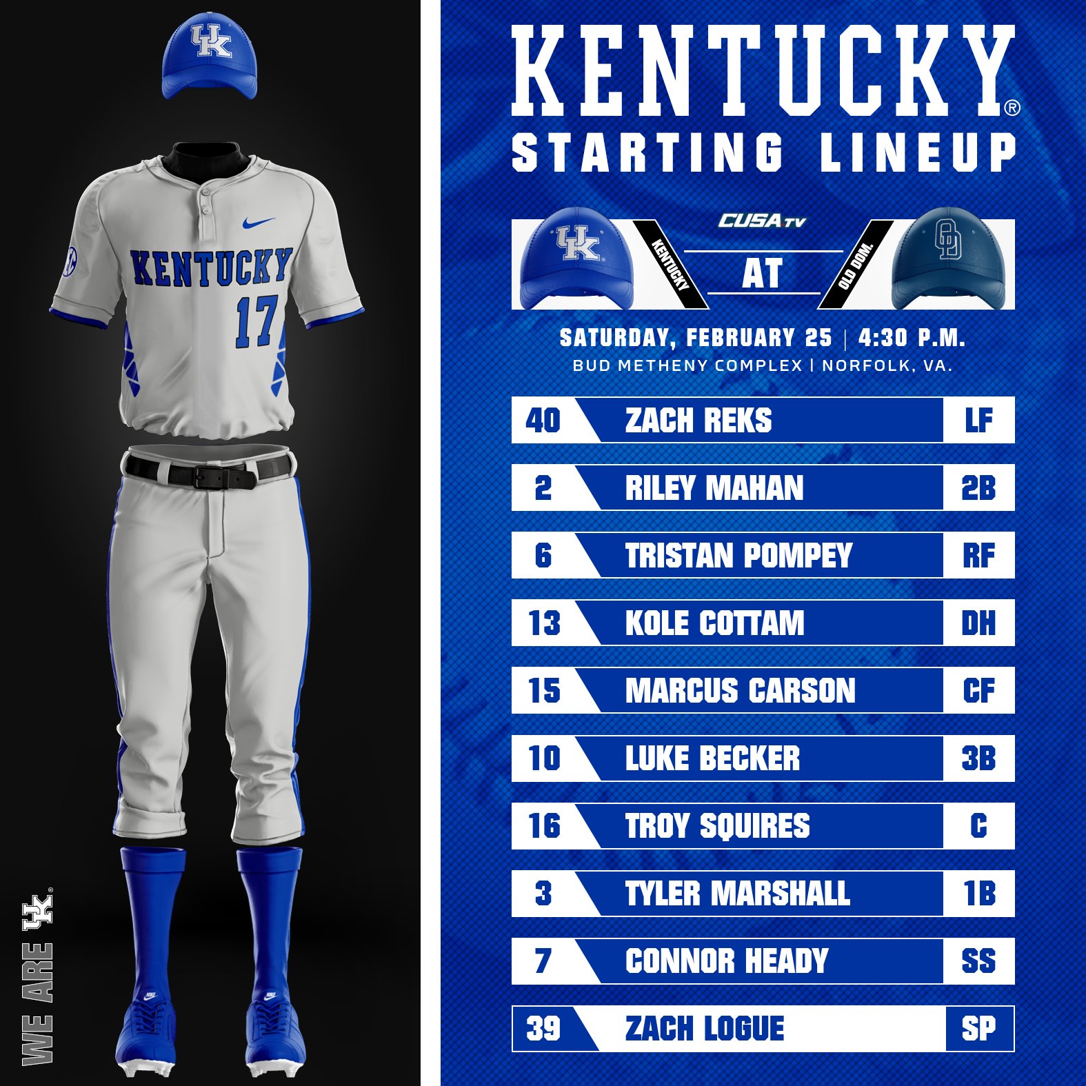 Kentucky Baseball on X: Today's starting lineup and uniform look