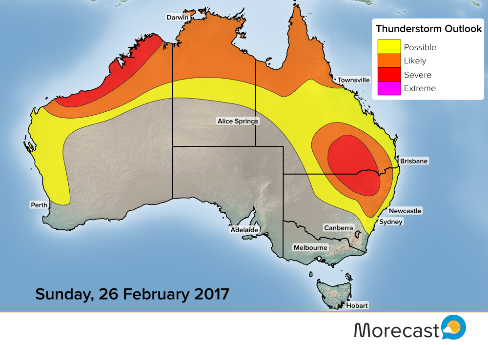 Morecast_Au's tweet photo. #Severe storms possible in SE #QLD and NE #NSW with potential for gusty winds, heavy rain, &amp; hail. Thunder possible in #Sydney &amp; #Brisbane https://t.co/2xRkBNljCJ