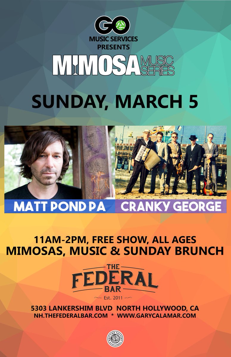Mimosas, brunch &amp; live music, hosted by KCRW's Gary Calamar.  March 5th, 11am.  ADMISSION FREE  crankygeorge.com