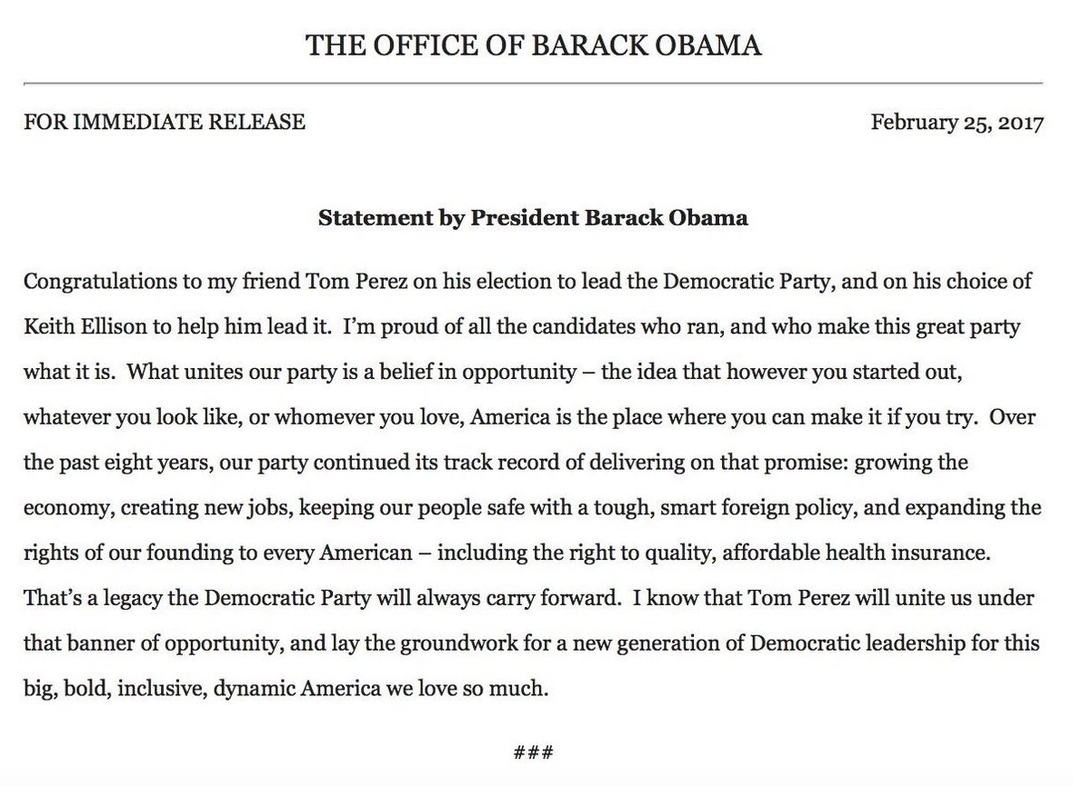 .@BarackObama releases statement on election of @TomPerez as #DNCChair https://t.co/pH2Nsqb85E