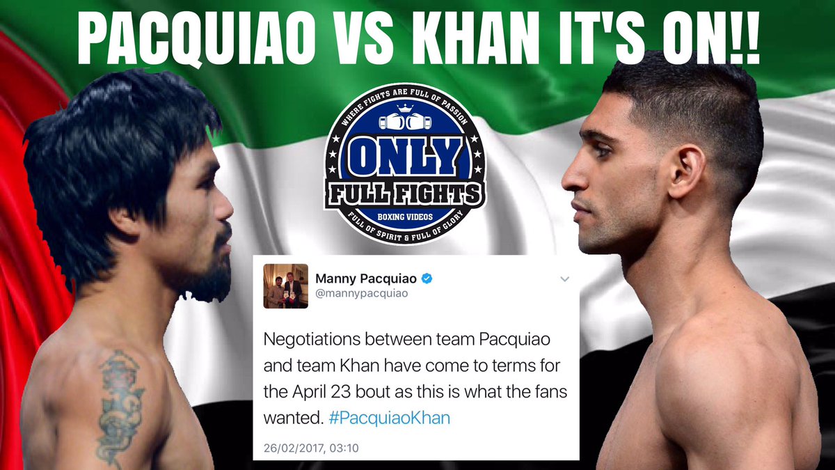 OnlyFullFights's tweet photo. **BREAKING NEWS** ITS ON!! Manny Pacquiao and Amir Khan have agreed to terms. The fight is set for April 23rd. #pacquiaokhan #mannypacquiao https://t.co/KEqWlfV653